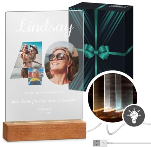 Maverton beleuchteter LED-Rahmen mit eigenem Foto - personalisiertes Acrylglasbild mit Holzständer mit LED-Beleuchtung - Glasfoto für Frauen zum Geburtstag - Größe: 15x24x4,5cm - 40. Geburtstag