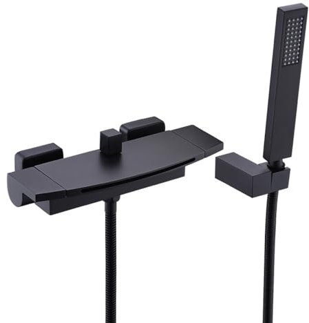 BiaoTeng Badewannenarmatur Wasserfall Mit Brause Schwarz Wandhalterung 2 Funktionen Messing Badewannenarmatur Wasserfall Mit Duschsystem, Schwarz
