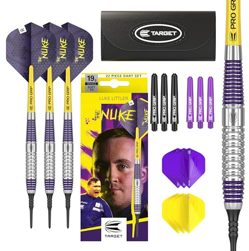 Target Darts Luke Littler Ensemble de Fléchettes à Pointe Souple en Laiton - Fléchettes à Pointe en Pixel 19G, Ensemble de Fléchettes The Nuke Player Edition, Flights de Fléchettes, Flèches et Étui