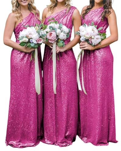 Vestido de dama de honor con lentejuelas brillantes de un hombro para mujer, vestido formal para boda, rosa fucsia, 36