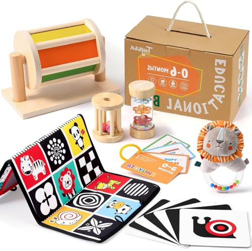 Atoylink Jouet Bebe 6 Mois-1 An Montessori Jeux d eveil Bebe avec Tambour Tournant & Boîte à Tissus & Hochet Bebe & Carte Noir et Blanc Miroir Eveil Motricité Fine Jouet Bois Jeux Sensoriel Bebe 3-6 M
