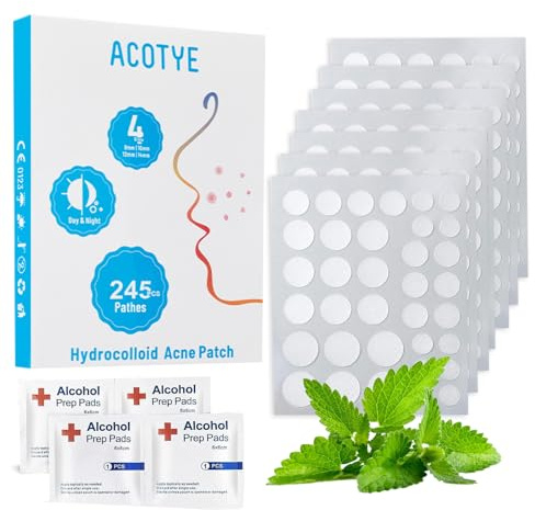 ACOTYE Anti Pickel Patch 245pcs 4 Größen Pimple Patches mit Teebaumöl, Salicylsäure und Niacinamide, Unsichtbare Tag-und Nacht