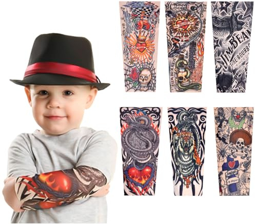 TSHAOUN 6 Pezzi Maniche Tatuaggi per Bambini, Realistici Manicotti con Tatuaggi Temporanei Finti per Ragazzi e Ragazze, Halloween Tattoo Finti Braccia (6PCS)
