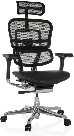 hjh OFFICE Bürostuhl ergonomisch ERGOHUMAN GEN 2 Originales Design, 24h Einsatz, Bürosessel mit Flexibler Lordosenstütze, Leder Sitzfläche gepolstert, Netzrücken Schwarz
