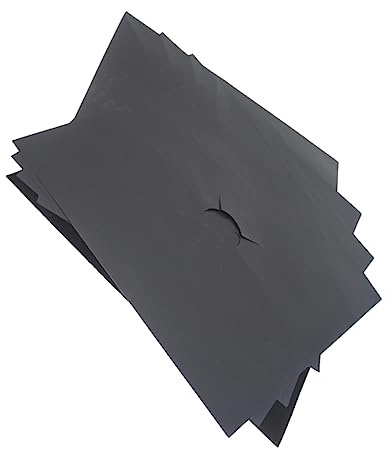 Feuilles 5 Plaque Gaz de Cuisson à Protection pour Pièces | Ptfe Résine Noire, Prédécoupées Trou Central, Réutilisables et Faciles à Nettoyer, Lot de Cinq