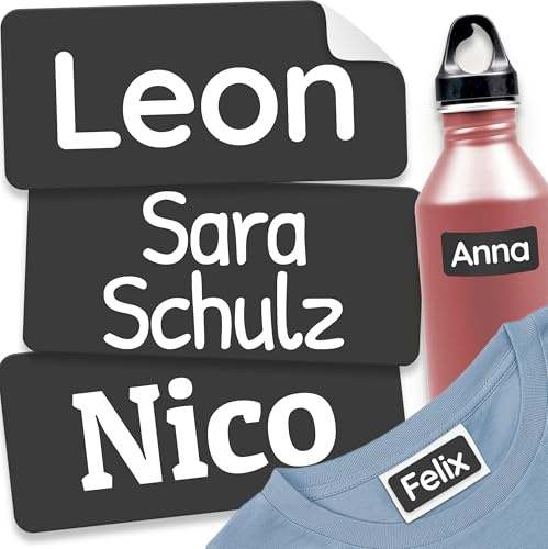 melu kids® Namensschilder für Kleidung & Gegenstände (60 Stk, Schwarz) | Namensaufkleber Kinder Wasserfest und Personalisiert für Kindergarten & Schule, Selbstklebende Etiketten zum Beschriften