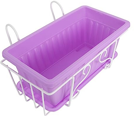Milisten Rectangular Balcony Hanging Flowerpot Tray Outdoor Planter Box for Railings and Fences Plastic Flower Trough and Support Rack White Iron Frame Purple