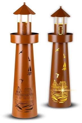 Schauer LED Dekosäule & Pflanzsäule im Leuchtturm Design ø 21 x 80 cm | Gartendeko & Deko Maritim in Rost-Optik | Leuchtturm Deko mit Licht & Timer/LED Deko & Garten Deko draußen Rostdeko