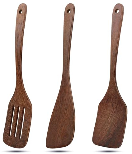 uinnossvc 3er Set Pfannenwender Holz, Holzspatel Zum Kochen mit Maserung Langem Griff, Pfannenwender Aus Holz Holzspatel Küche Küchenhelfer mit Antihaftbeschichtung