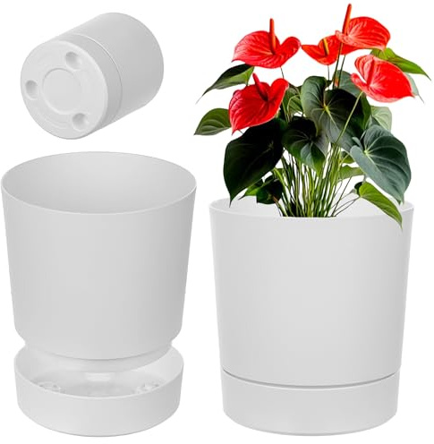 KADAX Vaso da fiori con sottovaso, diametro 20 cm, vaso da fiori in plastica per interni, vaso con superficie opaca per piante da interno (bianco)