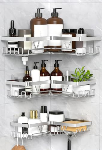 KEGII Duschablage Ohne Bohren Ecke - 3-Stufig Eckregal Bad Silber | Duschregal, Edelstahl, Shampoo Halterung für Dusche, Duschkorb zum Kleben, für Badezimmer