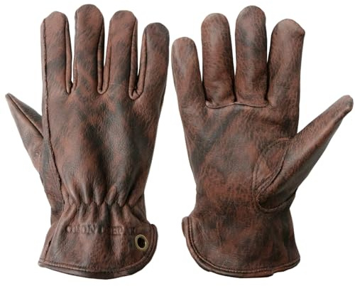 OLSON DEEPAK Mens Cowhide Leather Work Gloves X-Large,Oiled Leather Gardening Gloves Womens,Utility Safety Working Gloves for Campinging/Welding/Driving/BBQ/Bushcraft,Retro Motorbike