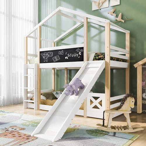 Kinderbett Etagenbett 90x200, Hochbett für 2 Kinder, Hausbett mit Rutsche&Tafel&Dach&Leiter, Doppelbett Holzbett Stockbett Baumhaus mit Lattenrost&Rausfallschutz, Kiefer, Ohne Matratze, Natur&Weiß