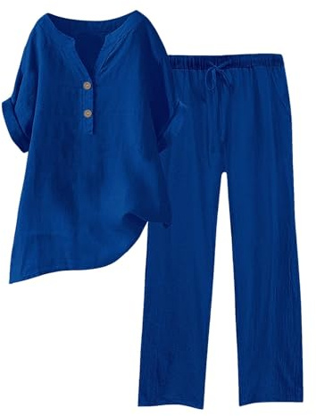 Conjunto de 2 Piezas de Lino para Mujer, Camisa y Pantalones con Botones, Casual, Holgado, para Playa, Vacaciones, Verano, Azul Oscuro, XL
