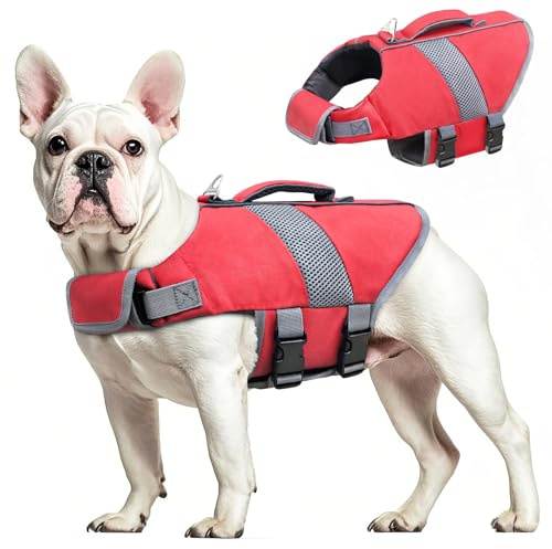Oslueidy Gilet di Salvataggio per Cani Alta Galleggiabilità, Cappotto Riflettente per Nuoto, Nautica, Surf, Kayak (Rosso, Taglia S)