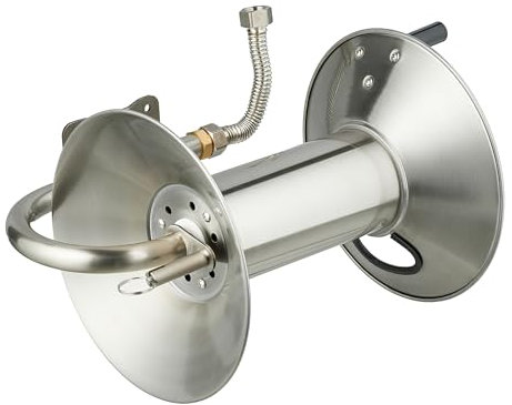 Relaxdays Schlauchtrommel, ohne Schlauch, Edelstahl, für die Wand, Schlauchroller, H x B x T: 27 x 47 x 35 cm, silber