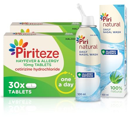 Piriteze Allergy Relief Antihistamine Tablets (60) & Pirinatural Breathe Clean 1x100ml Bundle - Hayfever Tablets with Cetirizine - Hayfever Nasal Spray - Allergy Tablet & Sinus Relief