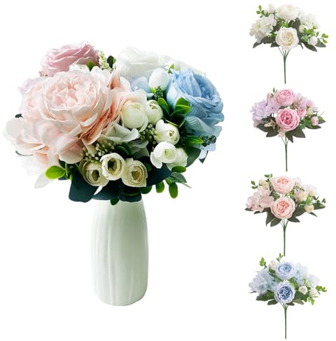MaitianGuyou Confezione da 4 fiori artificiali di peonia in seta, ortensie, eleganti fiori finti con vaso, per centrotavola, decorazione per matrimoni, composizioni floreali da sposa (bianco, rosa