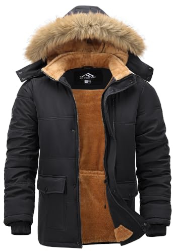 Peakwell Men Winter Jacket Waterproof Fleece Coat Thermal Parka, Black, L