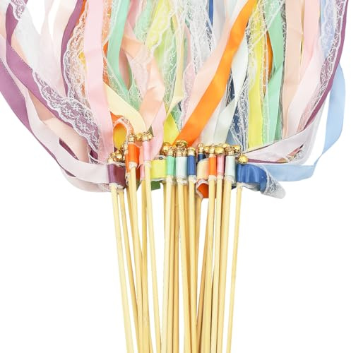 Coriver 30 Pièces Bâton de Ruban de Mariage, 6 Couleurs Banderoles de Baguettes de Ribbon de Fée avce Cloches, Bâtons de Ruban Serpentins, Baguettes Magiques pour les Décorations de Anniversaire Fête