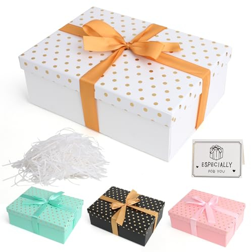 Luxus Geschenkbox mit Deckel, Premium Geschenkbox Mädchen Set mit Schleifen Raffia Grußkarten, 25x18x8.5cm Faltbare Geschenk Box für Valentinstag Geburtstag Weihnachten Halloween Hochzeit(Weiß)