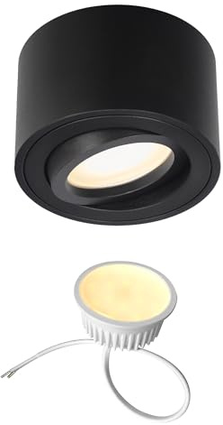 EDO Rond Spot LED de Plafond Noir ZALDA OV Lampe de Plafond Extra Plat & Pivotant, Spot LED en Saillie Orientable avec 4,8W 3000K Blanc Chaud 500lm 230V - Ø80*50mm, Plafonnier en Aluminium