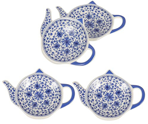 Luxshiny Porte-sachets De Thé en Céramique Forme Théière 4 Pièces Bleu Fleur Dessous De Verre Résistant à La Corrosion Support Organisé pour Sachets De Thé Adapté Bureau