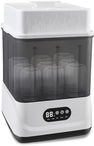 Hoyiyobi Babyflaschen Sterilisator und Trockner, Sterilisator für Babyflaschen mit Trocknerfunktion Sterilisiert, Trocknet & Heizt,Schnuller-Sterilisator und Selbstabschaltung, 9 Flaschen Kapazität