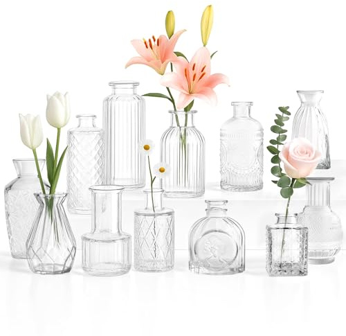 M.J COMFY-LIFE Glass Bud Vases Set of 12, Small Vintage Flower Vases for Centerpieces