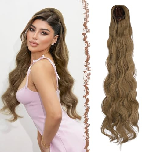 FESHFEN Pferdeschwanz mit Kordelzug Synthetik Wellen Zopf Haarteil, 75 cm | Comb Clip in Ponytail Extension für Damen, Hitzebeständig Natürlich Haarzopf für Karneval Alltag, Hellbraun Mix Blond