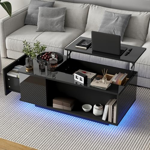 Merax Couchtisch Schwarzer Höhenverstellbar 100x50 cm mit LED & Verstecktem Stauraum, Wohnzimmertisch mit Schublade, Hochglanz Sofatisch Modern, Kaffeetisch mit Hubtisch-Funktion