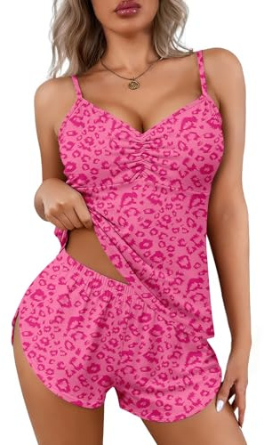 Ekouaer Soft Pjs for Women Set 2 Pieces Pajama Set V Neck Lingerie Sleepwear Cami Nightwear with Split Shorts Teddy Leopard Print M