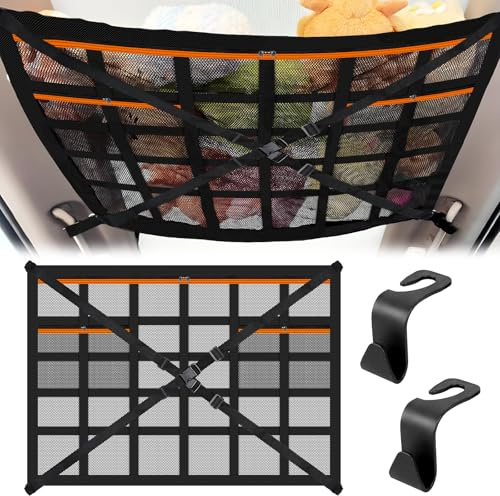 Rete Portaoggetti Auto 90×65cm, Deposito Bagagli Net Soffitto con Cinghie a Croce Regolabili e 3 Tasche con Cerniera, Universale Tetto Interno Borsa Rete Compatibile con SUV, Jeep, Furgoni e Camper