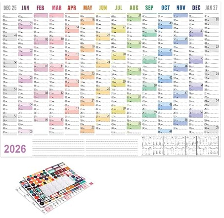 Poster mural 2026, accessoire de planification de la taille de l'affiche – Calendrier annuel 12 mois pour mur | Chambre à coucher, voyage, travail, appartement, dortoir, hôtel