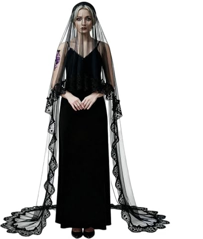 FakeFace Halloween Schwarz Schleier Lange Tüll Schleier 3 Meter Spitze Witwenschleier für Hochzeiten, Fotografie und Halloween Kostüme, Gothic Haarschmuck Brautschleier Hexenkostüm für Frauen