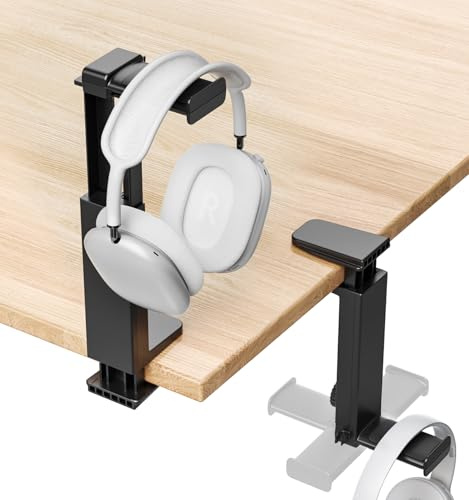 Support Casque Réglable Universel, Porte-Casque Hauteur Ajustable pour Dessus et Dessous de Bureau avec Pince Table (Epaisseur Jusqu'à 5 cm) ,Support de Casques Audio Rotation 360° avec Clip Câble