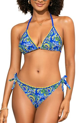 SHEKINI Women's Bikini Set Triangle Halter Tie Side Cheeky Bottom Paisley Shell Stitched Two Piece Swimsuit Boho Beach Swimwear