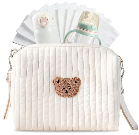 Zueyen Windeltasche für unterwegs, Universal Kinderwagen Organizer Bär Stickerei, Wickeltasche aus Baumwolle, Mini Diaper Bag & Kinderwagentasche mit 2 Gurten