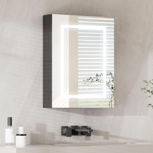 Mepplzian Spiegelschrank Bad 60cm mit Beleuchtung und Antibeschlag, Schwarz | Defogger, Stufenloses Dimmen, 3 einstellbare Farben, Speicherfunktion, 60 x 13.5 x 76 cm