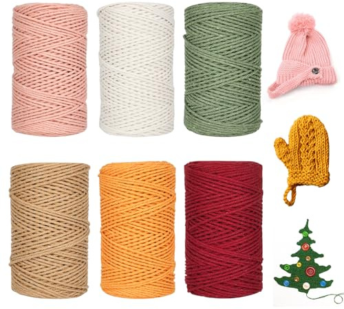 Makramee Garn 6er Set, 1mm x 100m Macrame Cord Makramee Schnur Makramee Kordel, Makramee Baumwollgarn Natur für Weihnachten Basteln Stricken Boho Deko, DIY Handwerk, Hängepflanze Pflanze Aufhänger