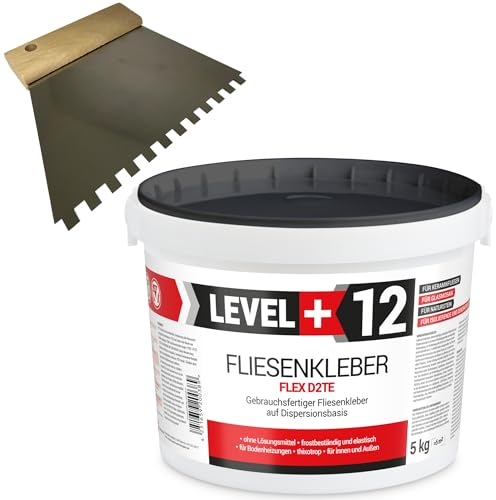 Level Plus RM12 - Adhesivo para azulejos (12 unidades, 5 kg, espátula dentada, 6 mm, acero inoxidable, adhesivo flexible de dispersión, color blanco)