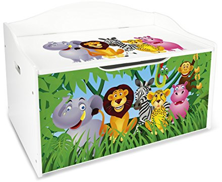Leomark Kinderbank Hölzerne - Dschungel Tiere XL - Kindertruhenbank, Behälter für Spielzeug, Truhe für Kinderzimmer, Kindermöbel, Sitzbank Höhe: 46 cm