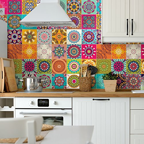 Ambiance Sticker Selbstklebende Wandtattoo Aufkleber, Wanddekoration, Fliesenaufkleber für Badezimmer und Küche Roses Multicolore - 60 Stück Aufkleber 20 x 20 cm