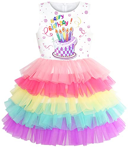 Sunny Fashion Robe Fille Anniversaire Princesse Arc-en-Ciel Tutu Jupe Ballon Fête d'anniversaire Tenue 4 Ans,Couleur Arc en Ciel