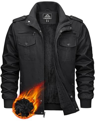 KEFITEVD Übergangsjacke Herren Fleece Gefüttert Fliegerjacke Warme Winterjacke Army Feldjacke Freizeit Winter Männer Dicker Jacke Schwarz XL