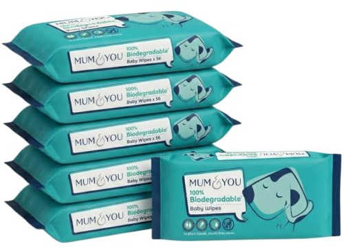 Mum & You Baby Wipes - Biodegradable Wet Wipes | 99.4% Water | Ideal for Sensitive Newborn Skin | 336 Newborn Wipes Bulk, Bum Wipes, Wet Tissue, Plastic free Wet wipes, (56 wipes x 6 packs) | Plant based and plastic free, dermatologically tested, fragrance free and hypoallergenic, kind to sensitive newborn skin