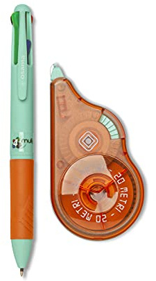 Osama - Correcteur Blanc à Ruban, 20 M + Stylo 4 Couleur Bille, Pointe Fine 1 mm - Kit pour Papeterie Bureau et Fourniture Scolaire - Set Effaceur et Stylo Couleur pour Écrire sans Erreur, Vert/Orange