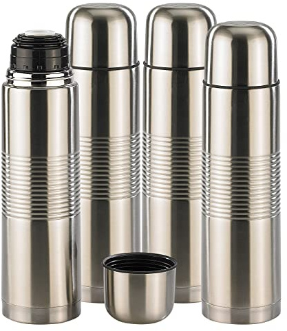 Rosenstein & Söhne Vakuum-Flasche: 4er-Set Edelstahl-Isolierflaschen mit Becher im Deckel, 1,0 l (Reise Isolierflasche, Tee Flasche, Winter)