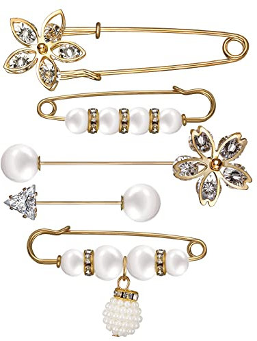 Emibele 5 Stück Künstliche Perlen Brosche, Strass Kristall Broschen Set Blumenbrosche mit Sicherheitsnadel Anstecknadel Broschennadel Pullover Schal Clip Kostüm Zubehör für Damen Mädchen, Weiß/Gold