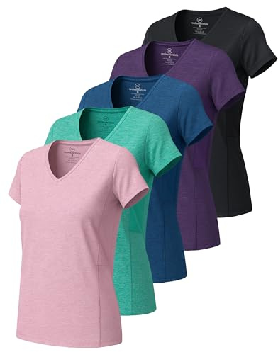 Real Essentials Ladies Dry Fit V Neck Camiseta Mujer (Pack de 5) | Disponible en tallas grandes, manga corta, absorbe la humedad, elástica, ropa deportiva para correr, senderismo, tenis